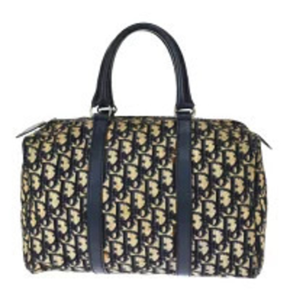 Christian Dior Trotter Handbag Boston Navy Blue Canvas Leather
